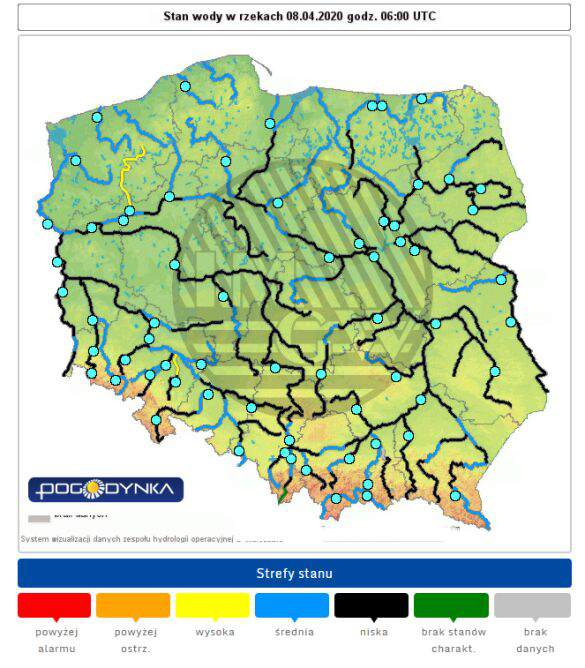 Stan wody w rzekach 8 kwietnia o godzinie 8 (pogodynka.pl/polska/hydro)