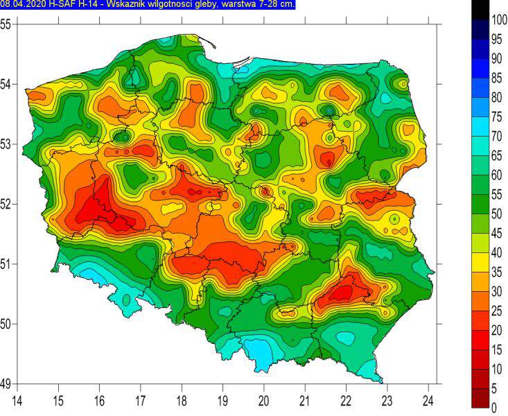 Wskaźnik wilgotności gleby 8 kwietnia, warstwa 7-28 centymetrów (stopsuszy.imgw.pl)