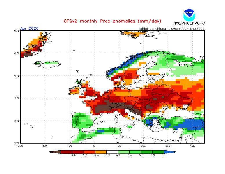 Prognozowane odchylenie miesięcznej sumy opadów w kwietniu 2020 od normy wieloletniej (CFS/NOAA)