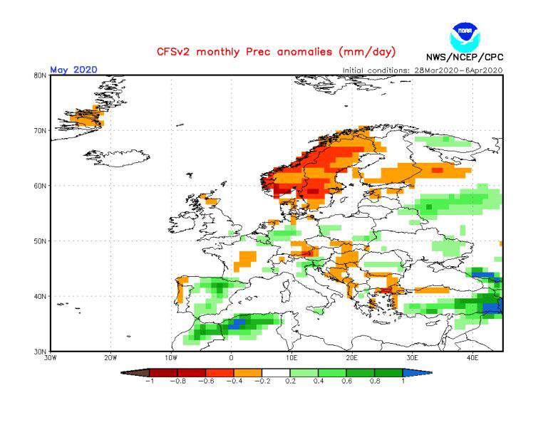 Prognozowane odchylenie miesięcznej sumy opadów w maju 2020 od normy wieloletniej (CFS/NOAA)